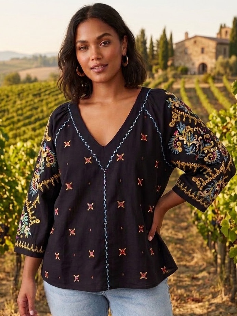 Sundance Women’s PM Petite Medium embroidered floral blouse black